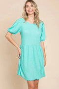 Textured Mini Dress - Round Neck Puff Sleeve - Everyday Comfy Style