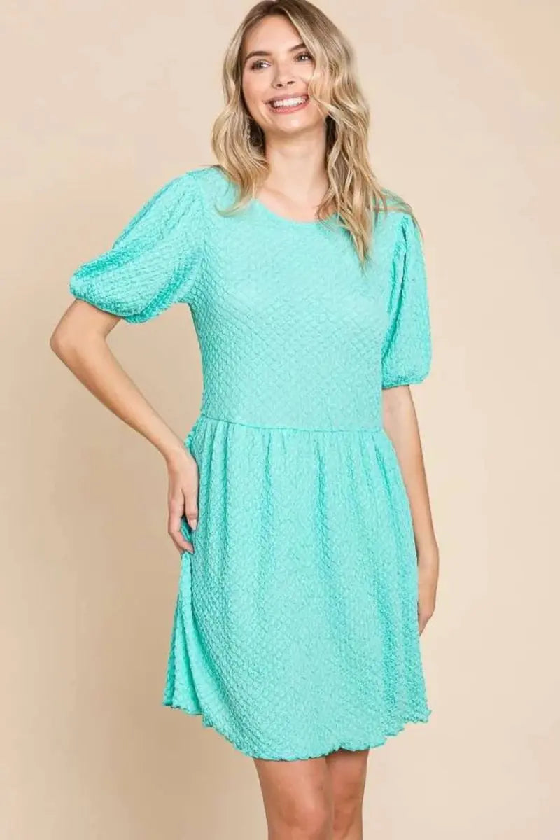 Textured Mini Dress - Round Neck Puff Sleeve - Everyday Comfy Style