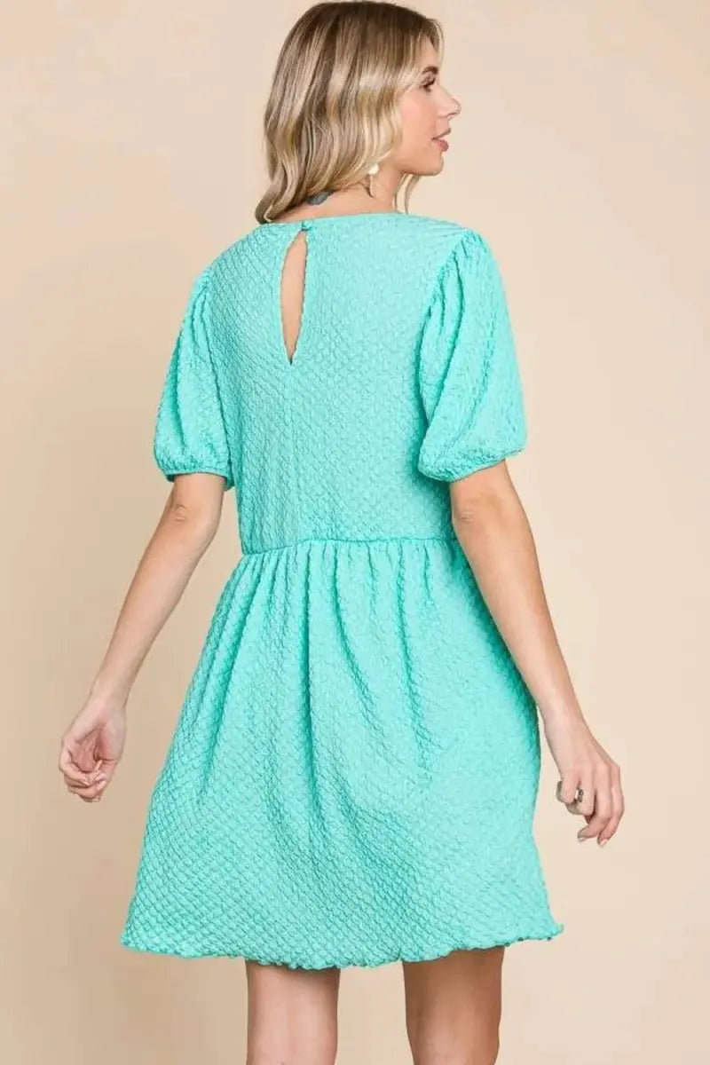 Textured Mini Dress - Round Neck Puff Sleeve - Everyday Comfy Style