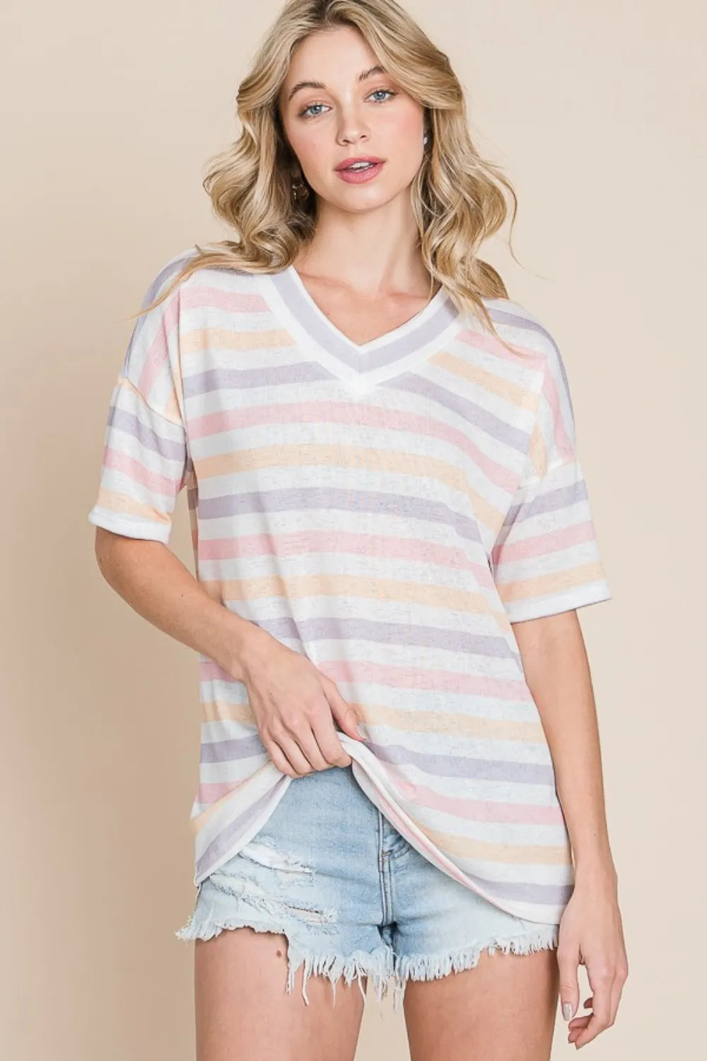 Striped V‑neck short sleeve T‑shirt – front view