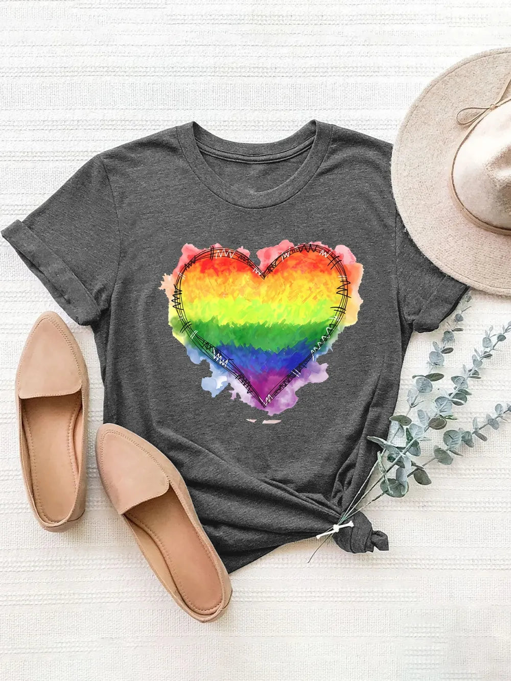 Dark Gray heart graphic round neck short sleeve T‑shirt – front view