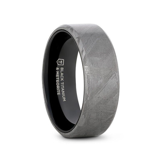 DIEMOS Flat Black Titanium Ring with Meteorite Pattern and Beveled Edges – 8mm