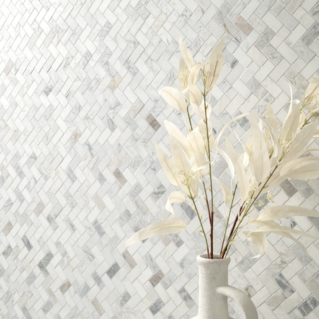 Arabescato Venato White 1"x2" Herringbone Honed Marble Mesh Mounted Mosaic Tile - MSI Collection