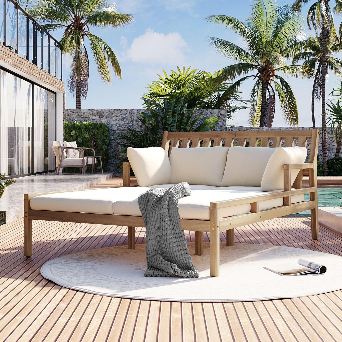 Outdoor Daybed, Patio Daybed with Four Pillows, Wooden Outdoor Bed with Curved Armrests for Poolside, Backyard, Garden