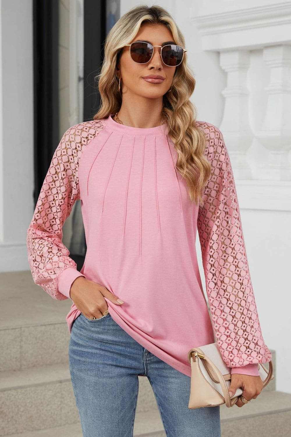 T-Shirts Trendsi Lace long sleeve top in black