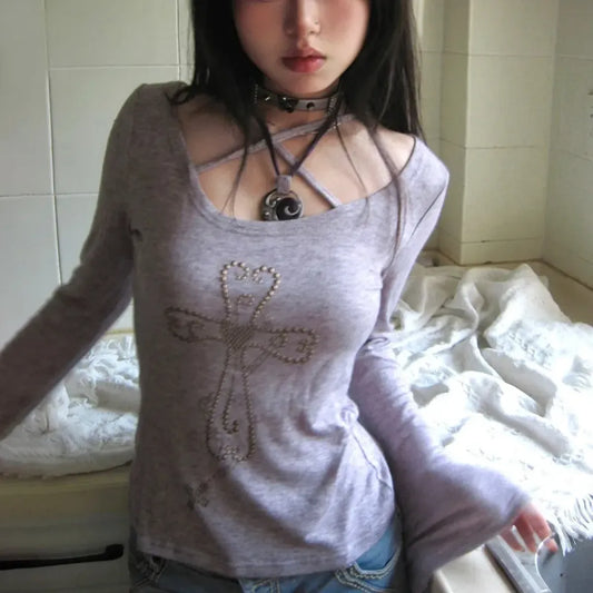 Embellished Cross Long Sleeve Tee – Spiritual Chic Top