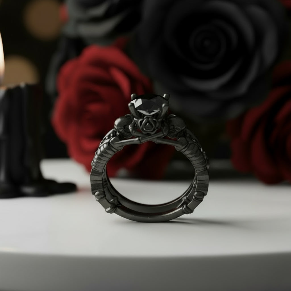 Eternal Adoration- 1.5 Carat Black Diamond Option Gothic Ring Set