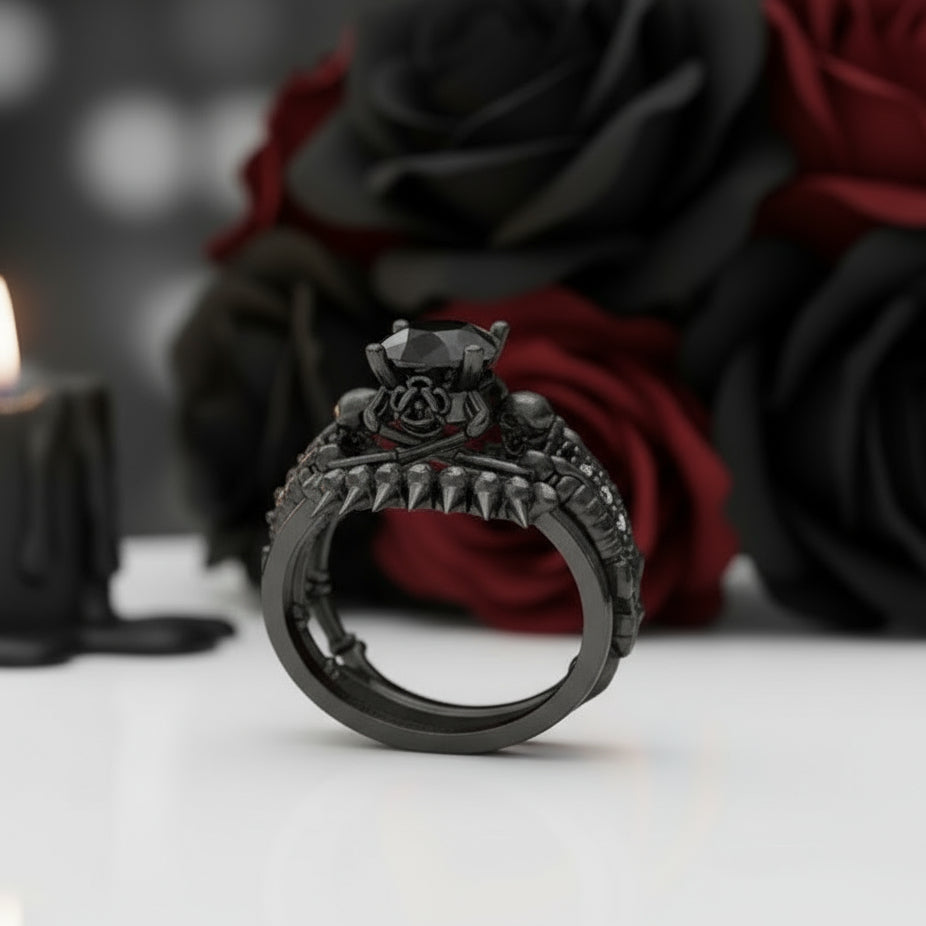 Eternal Adoration- 1.5 Carat Black Diamond Option Gothic Ring Set