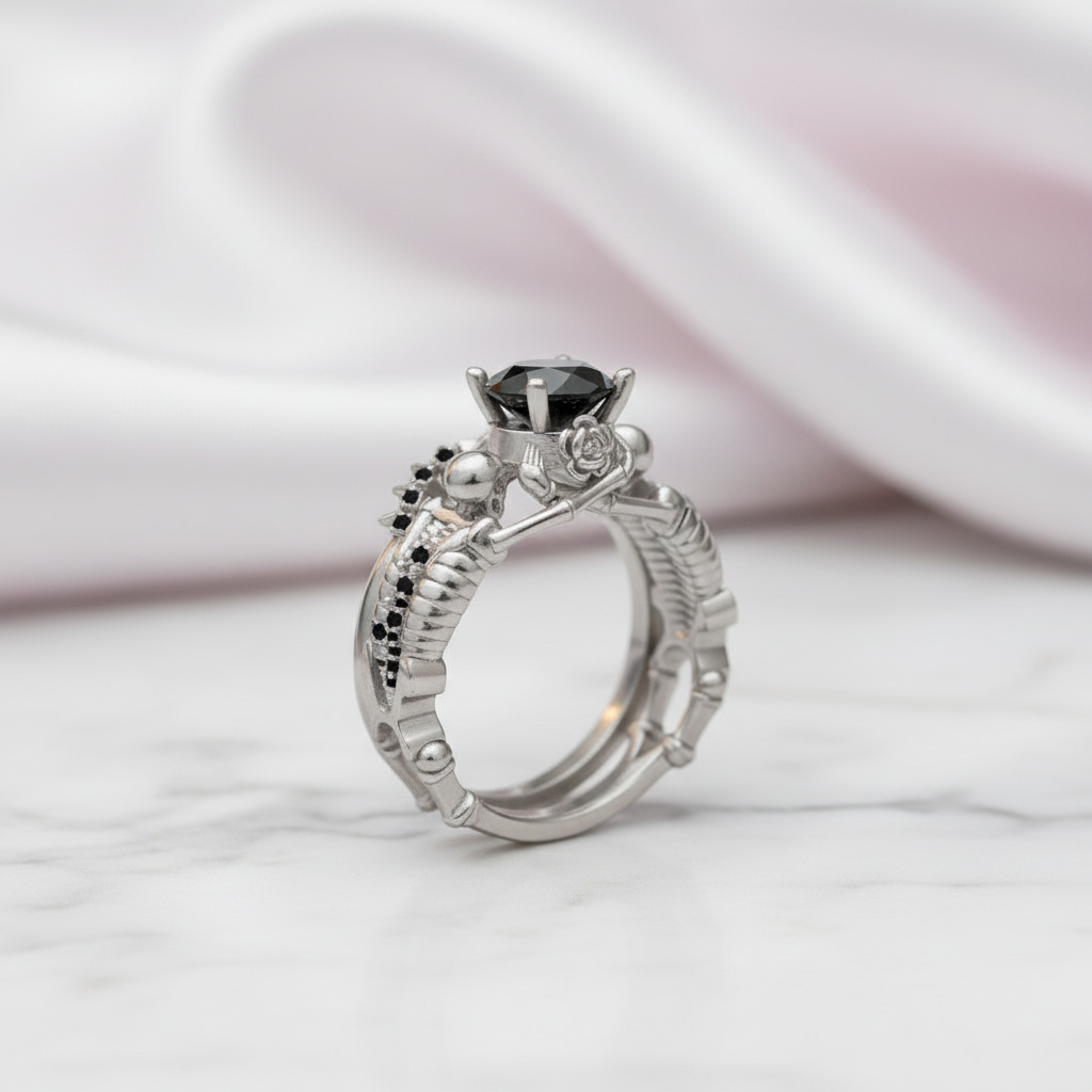 Eternal Adoration- 1.5 Carat Black Diamond Option Gothic Ring Set