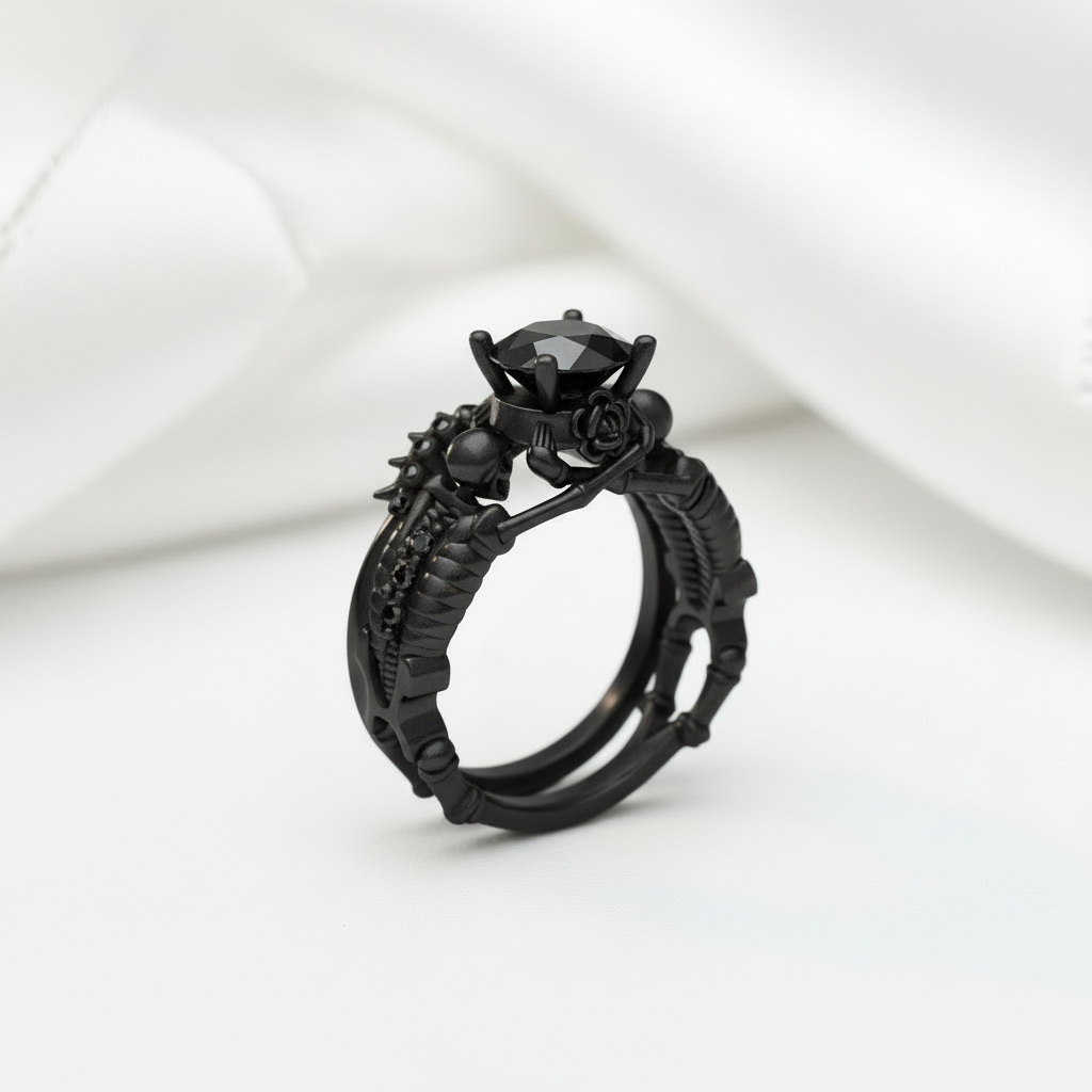 Eternal Adoration- 1.5 Carat Black Diamond Option Gothic Ring Set