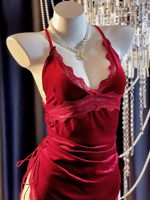 'Burning Wine' Red Lace Sexy Split Lingerie Dress For Valentines Day