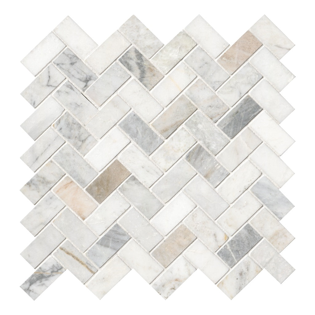 Arabescato Venato White 1"x2" Herringbone Honed Marble Mesh Mounted Mosaic Tile - MSI Collection