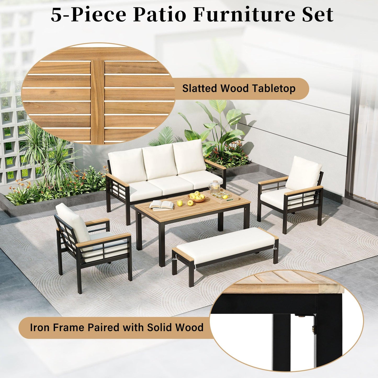 5 Pieces Outdoor Patio Conversation Set with 3-Seat Sofa, Cushions for Backyard, Poolside, Garden