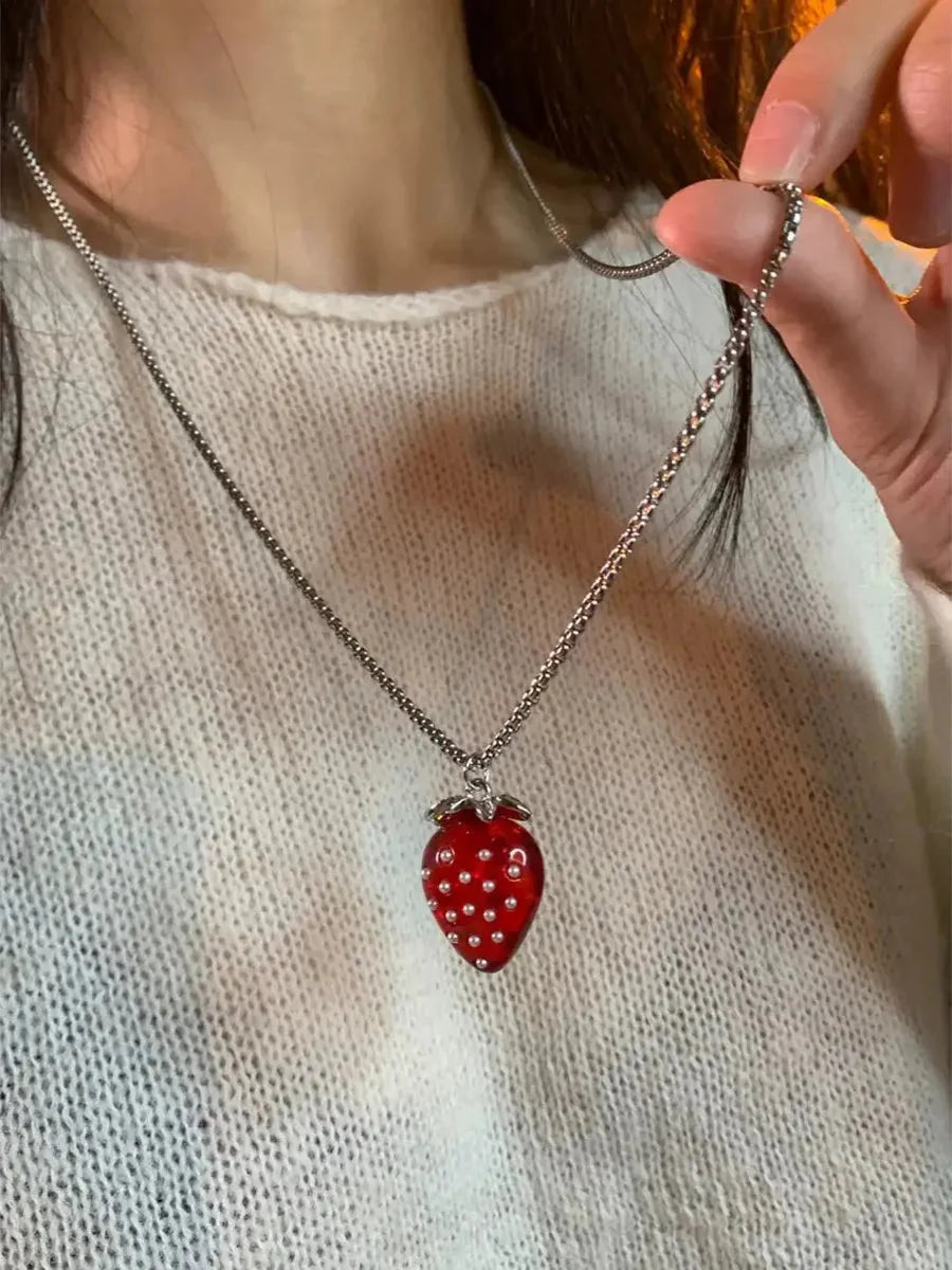 'Strawberry Dream'Y2k Clear Red Sweater Necklace
