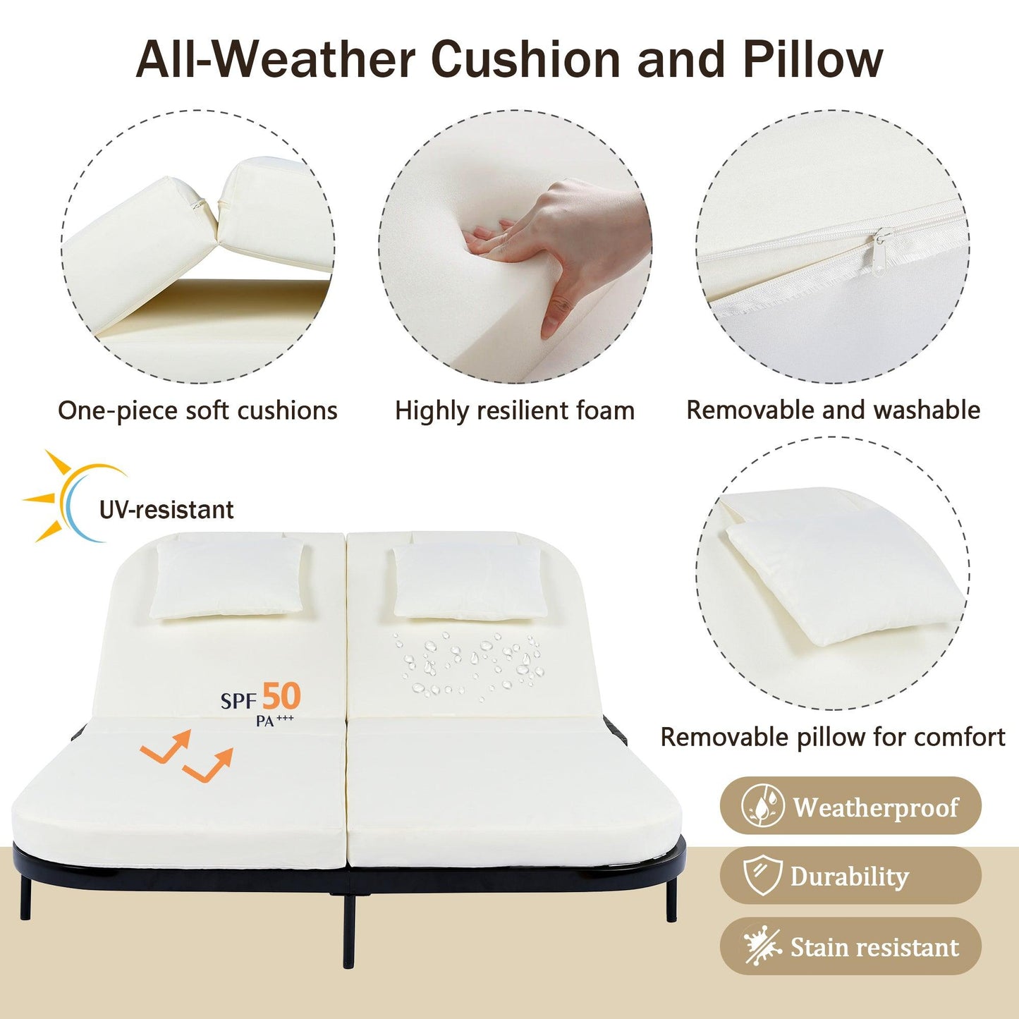 Outdoor Daybed, Patio Rattan Daybed with 5-Position Adjustable Backrest and Removable Cushions & Pillows for Garden, Backyard, Poolside