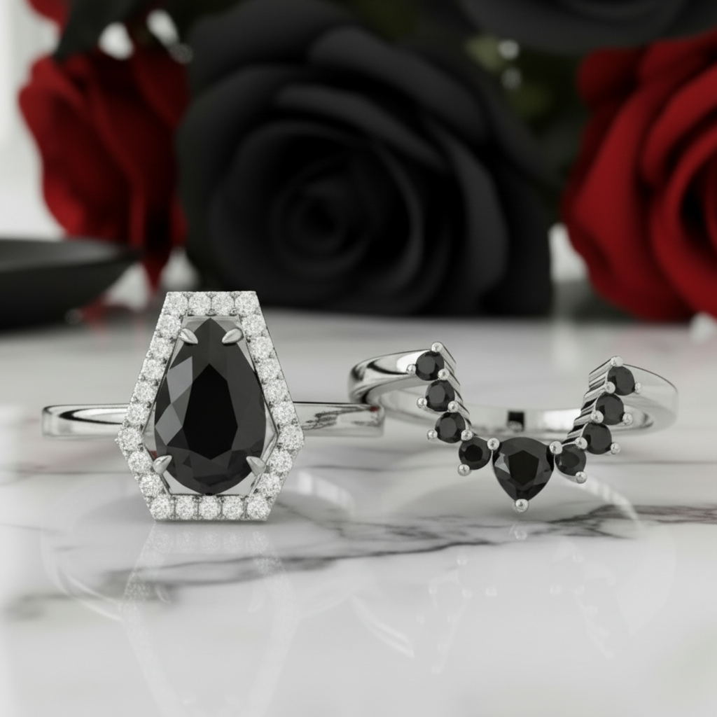 Faithfulness-1ct Black Pear Cut Diamond Option 14k White Gold Coffin Ring Set