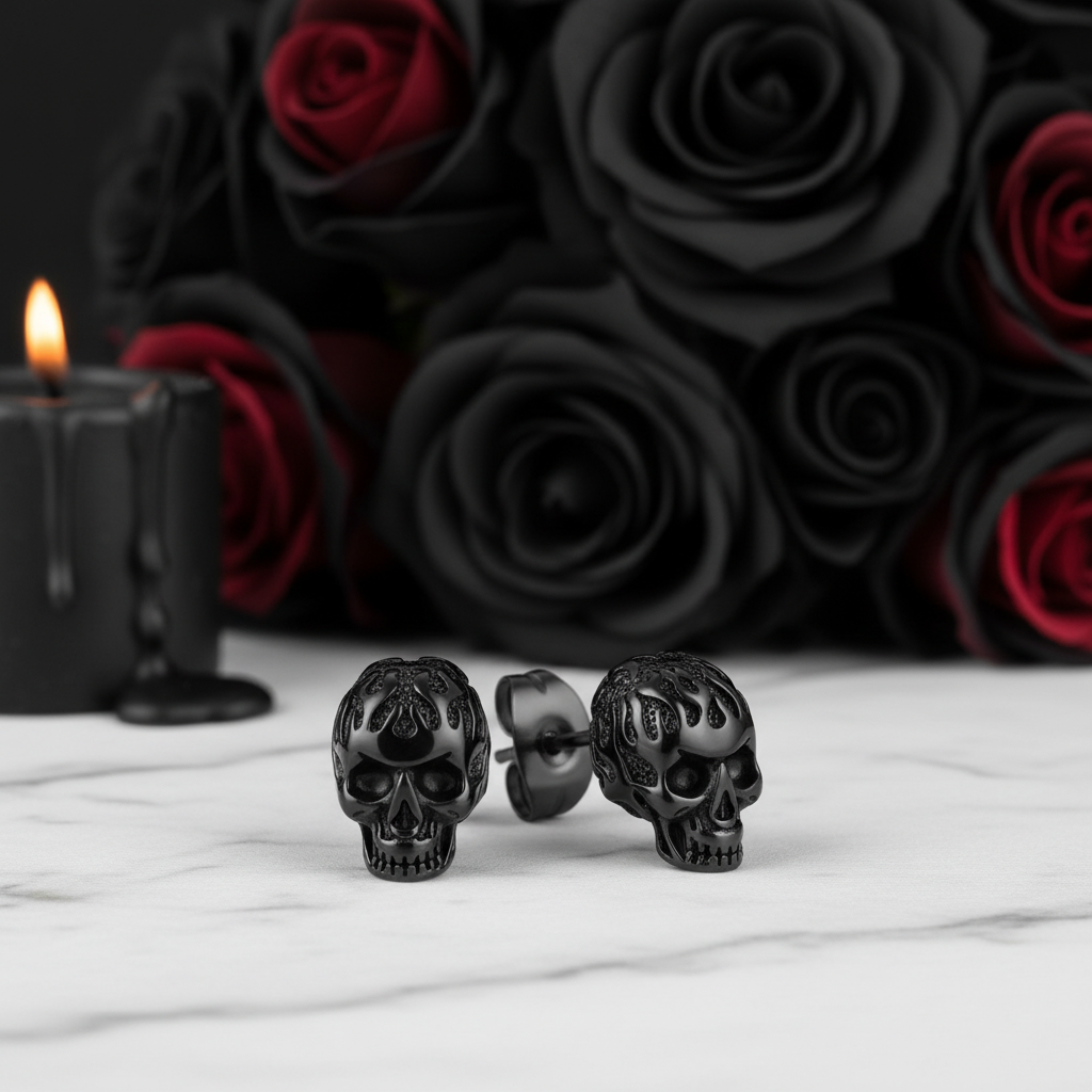 Flame Skull Gothic Unisex Stud Earrings