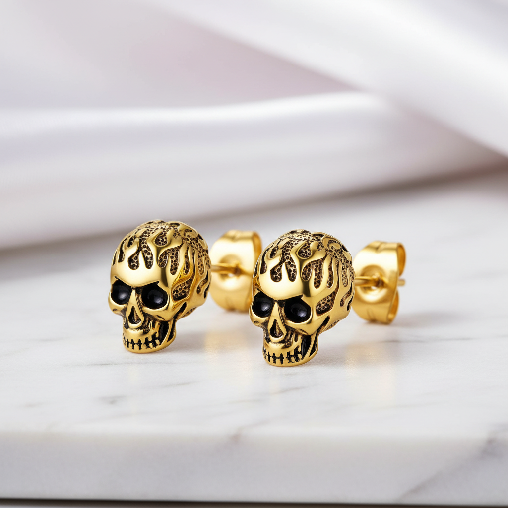 Flame Skull Gothic Unisex Stud Earrings