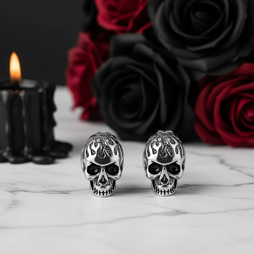 Flame Skull Gothic Unisex Stud Earrings