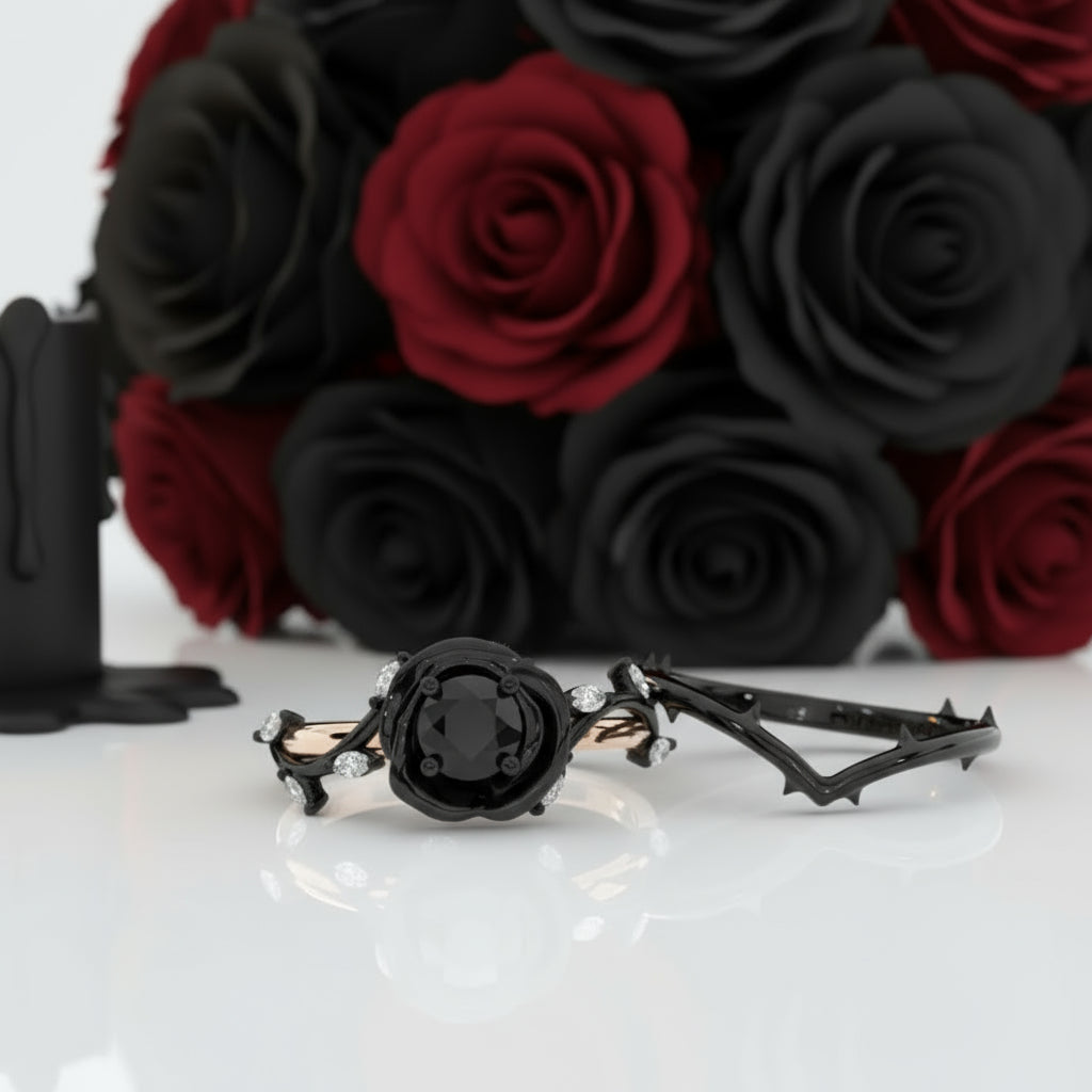 Black Rose- .50ct Round Cut Diamond Option Modern Goth Engagement Rings