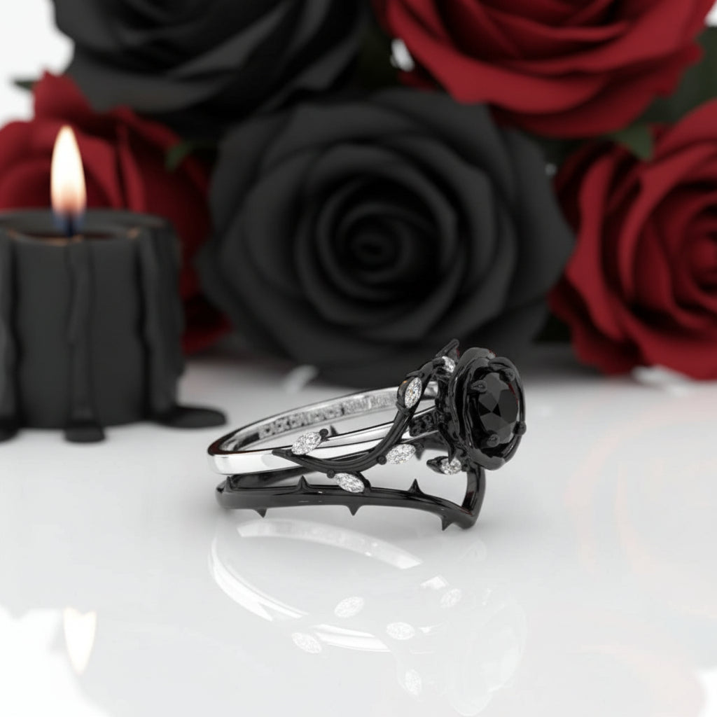 Black Rose- .50ct Round Cut Diamond Option Modern Goth Engagement Rings
