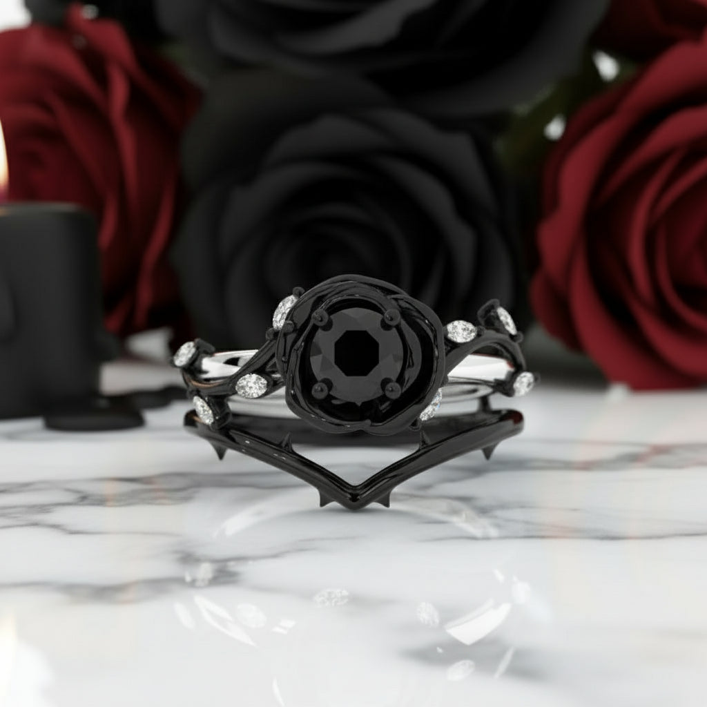 Black Rose- .50ct Round Cut Diamond Option Modern Goth Engagement Rings
