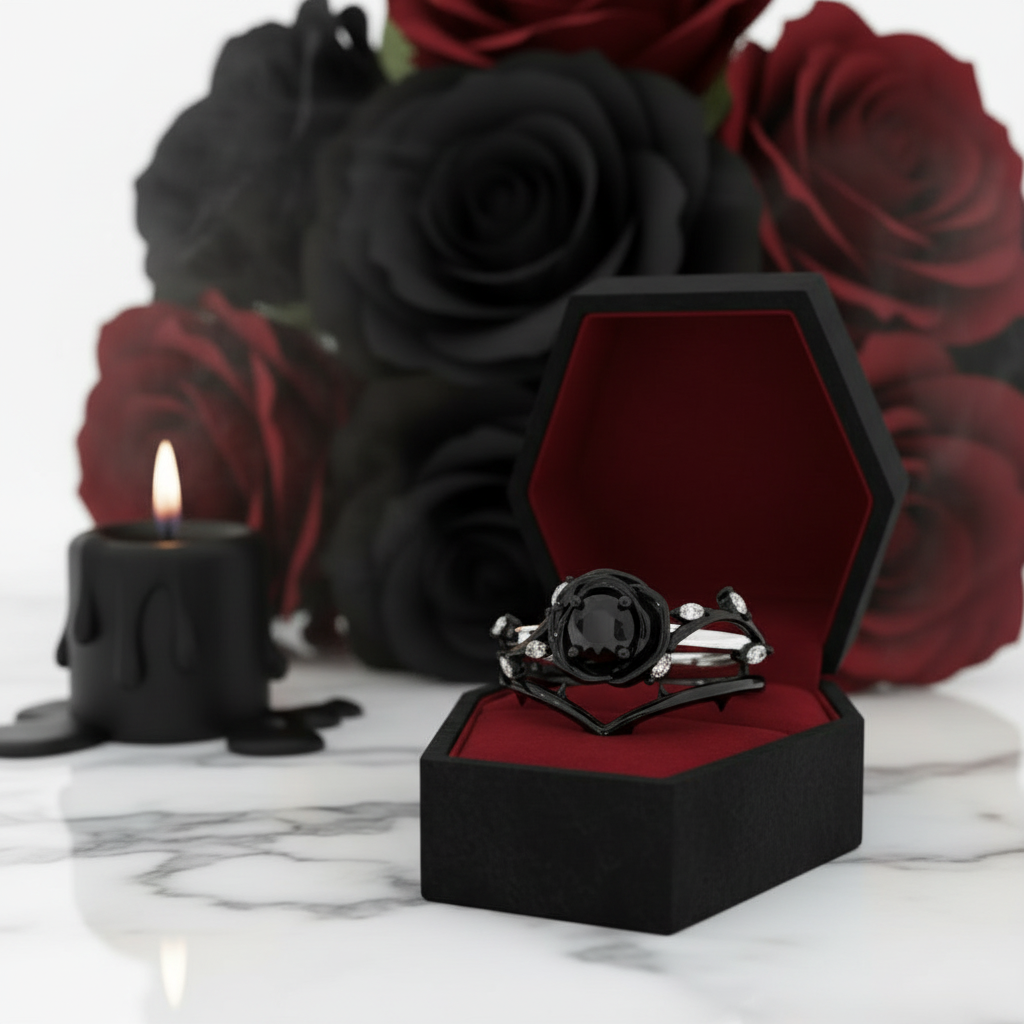 Black Rose- .50ct Round Cut Diamond Option Modern Goth Engagement Rings