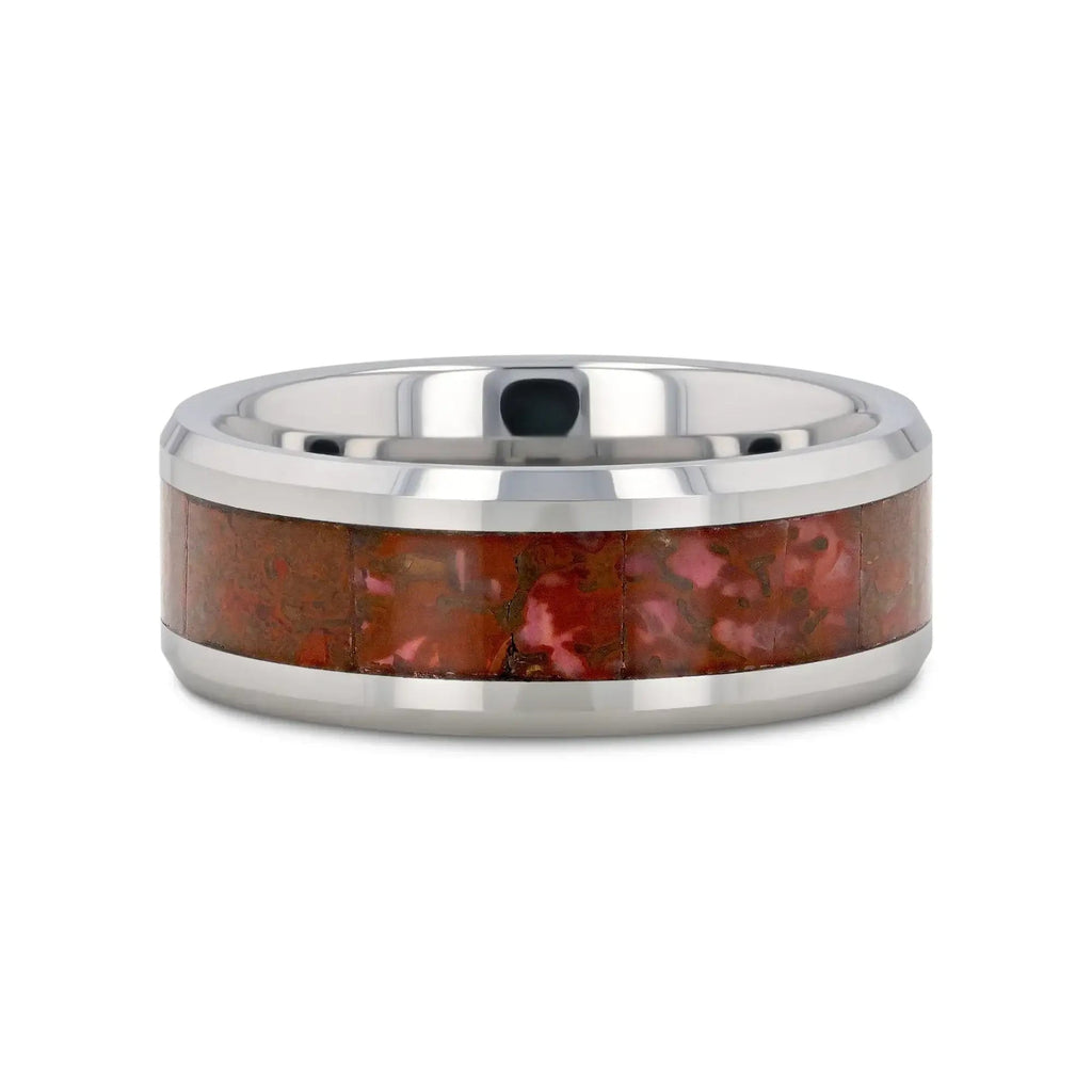 JURASSIC Red Dinosaur Bone Inlaid Tungsten Carbide Beveled Edged Ring - 4mm & 8mm