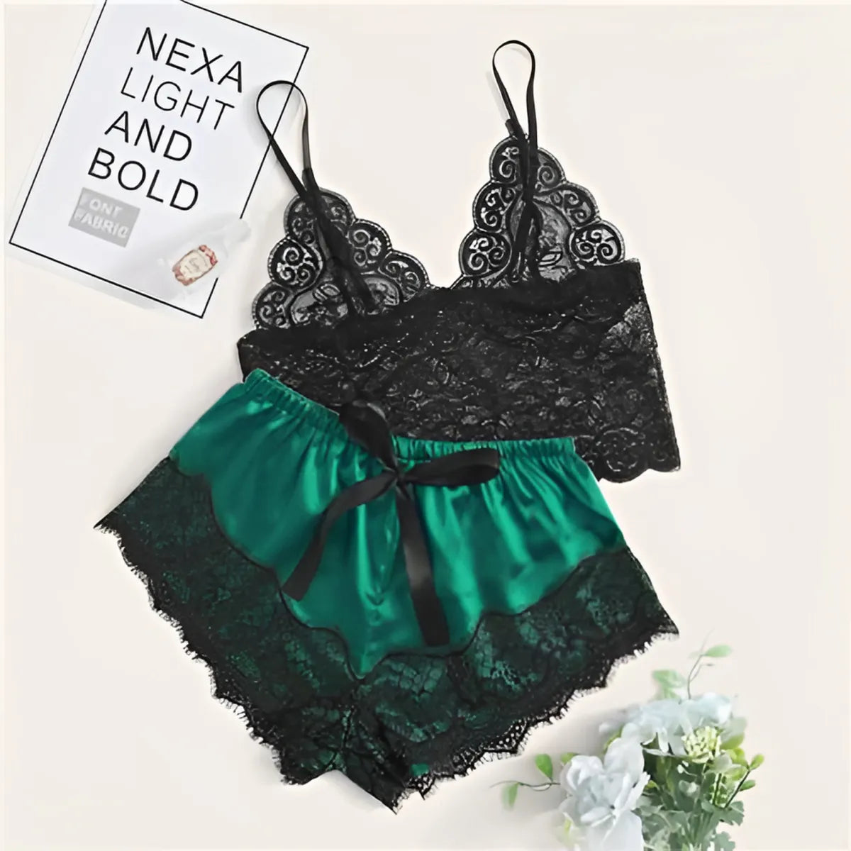 Floral Lace Bralette with Satin Shorts Set for Women
