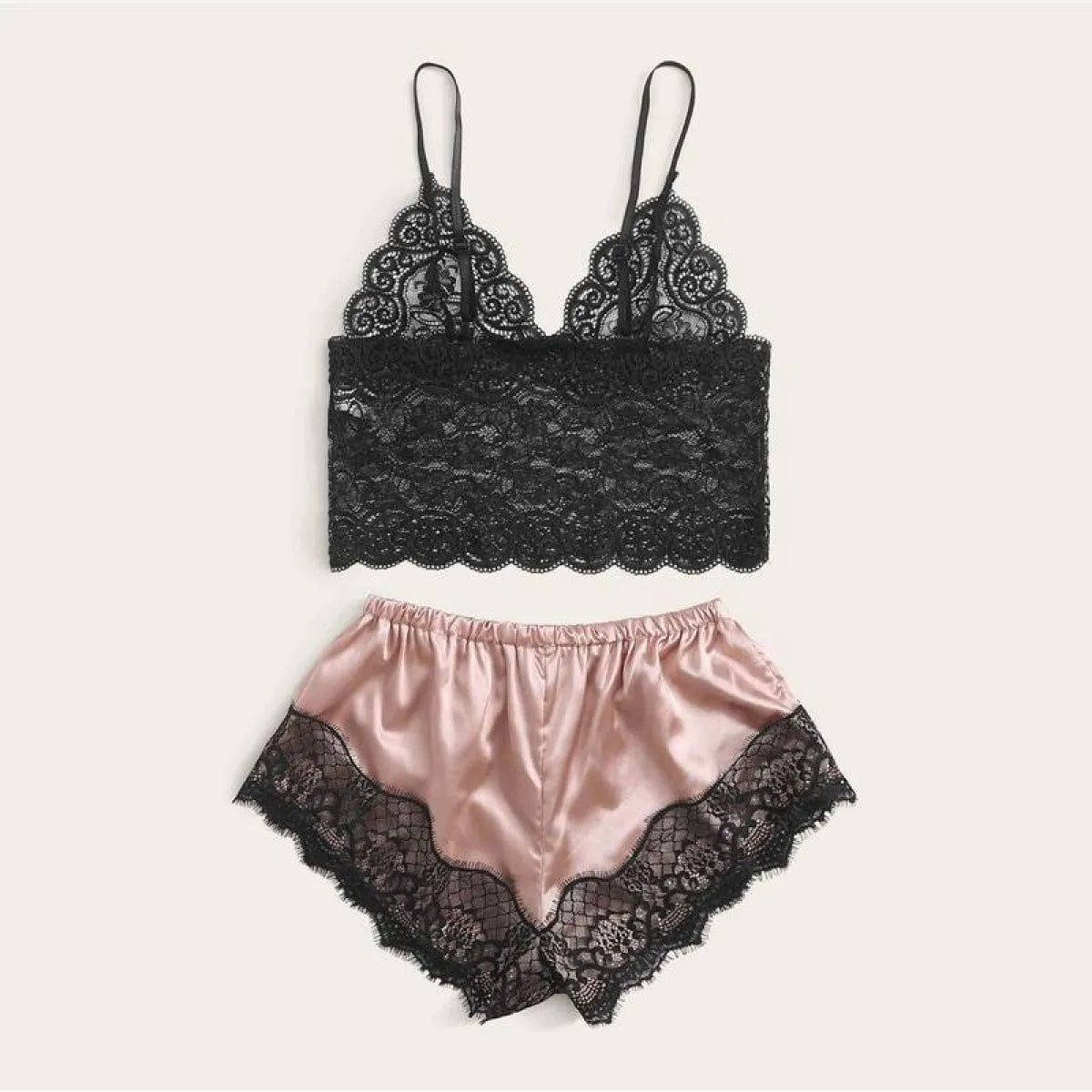 Floral Lace Bralette with Satin Shorts Set for Women
