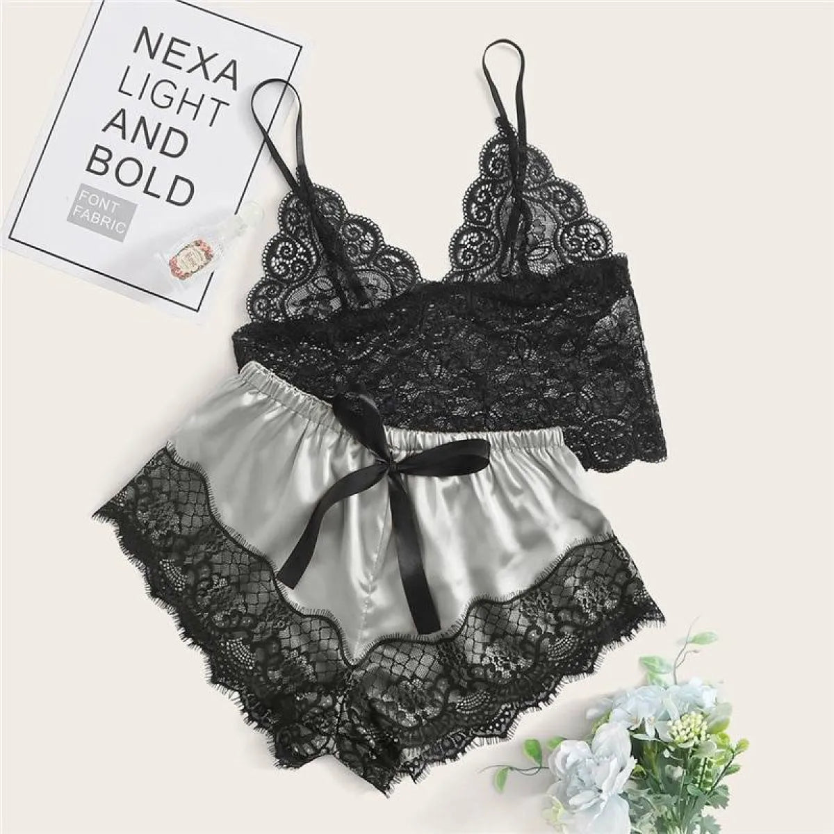 Floral Lace Bralette with Satin Shorts Set for Women