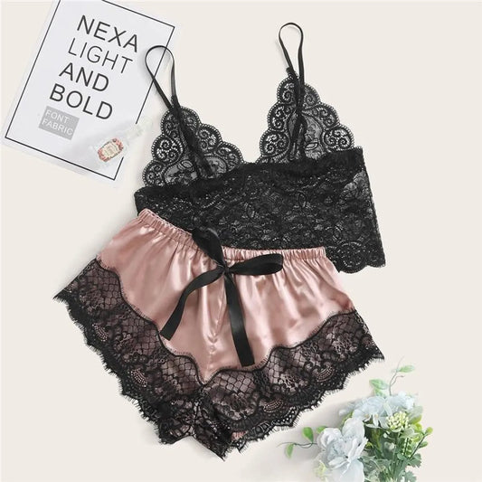 Floral Lace Bralette with Satin Shorts Set for Women