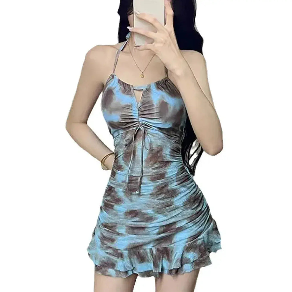 Ruffle Hem One Piece Swimsuit – Floral Ruched Kawaii Mini Dress