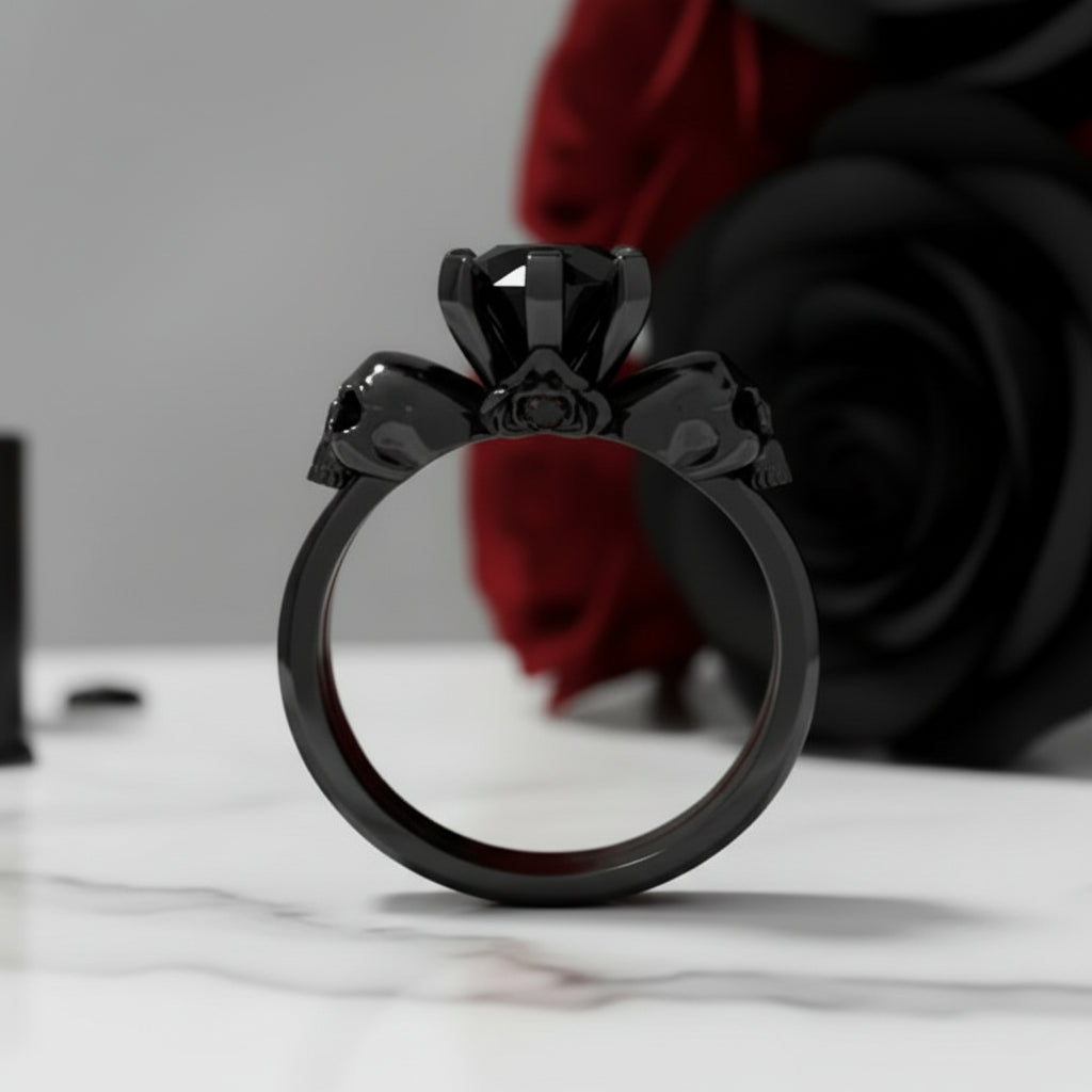 From This Day Forward Wedding Rings - Round Cut Diamond Option Skull Gothic Wedding Rings in 14k White Gold