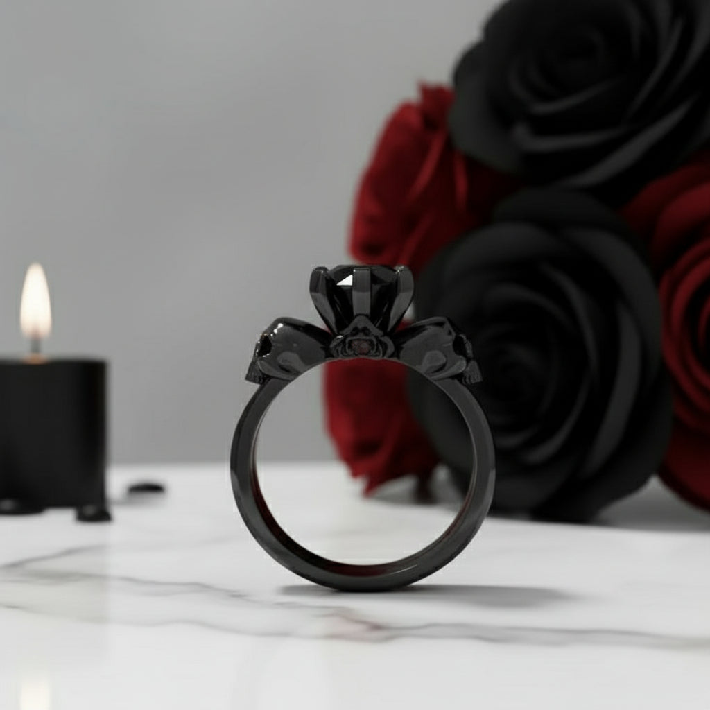 From This Day Forward Wedding Rings - Round Cut Diamond Option Skull Gothic Wedding Rings in 14k White Gold