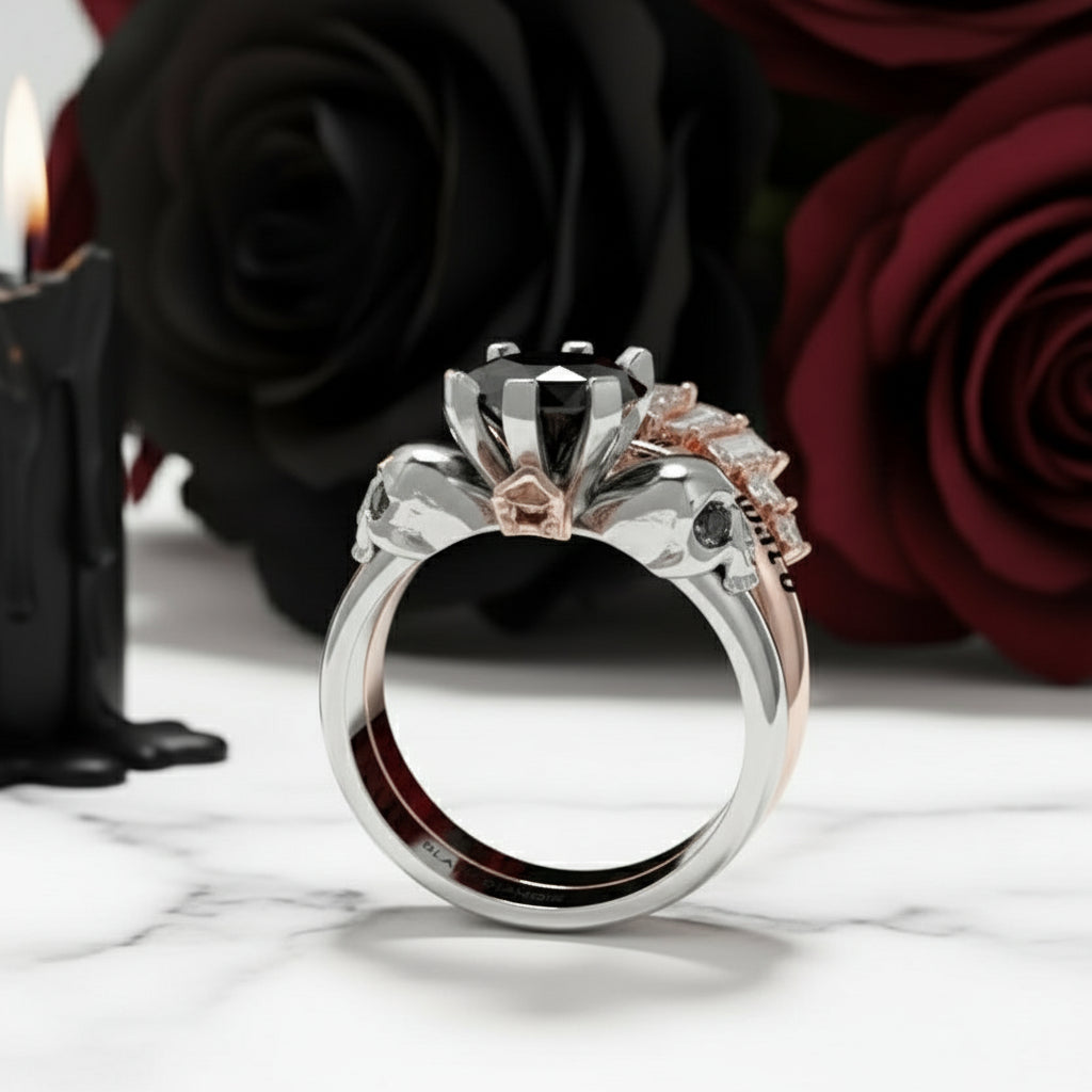 From This Day Forward Wedding Rings - Round Cut Diamond Option Skull Gothic Wedding Rings in 14k White Gold