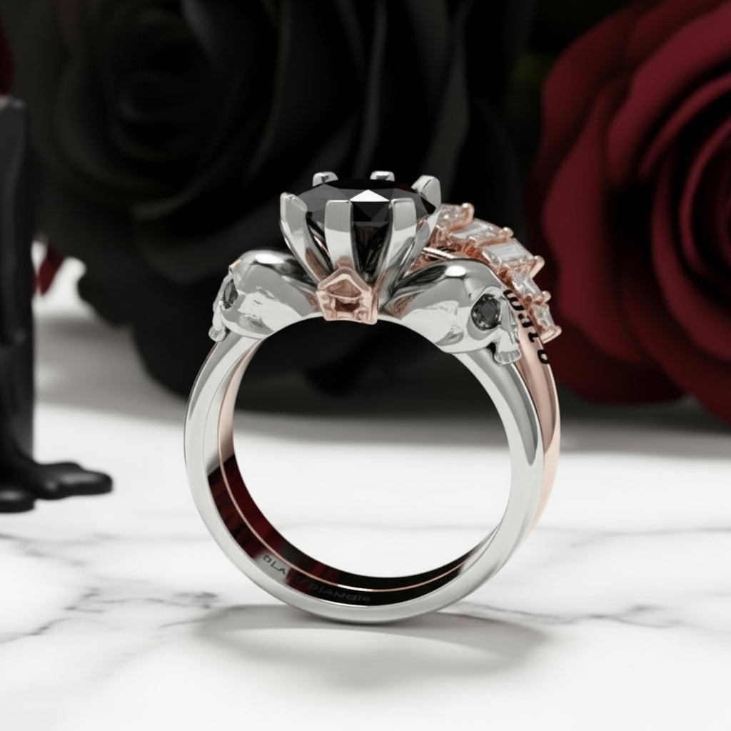 From This Day Forward Wedding Rings - Round Cut Diamond Option Skull Gothic Wedding Rings in 14k White Gold
