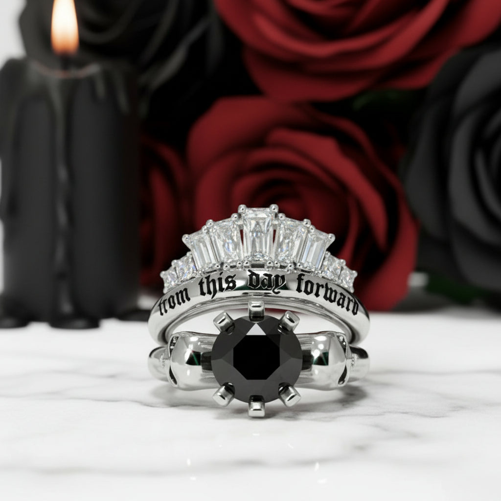 From This Day Forward Wedding Rings - Round Cut Diamond Option Skull Gothic Wedding Rings in 14k White Gold