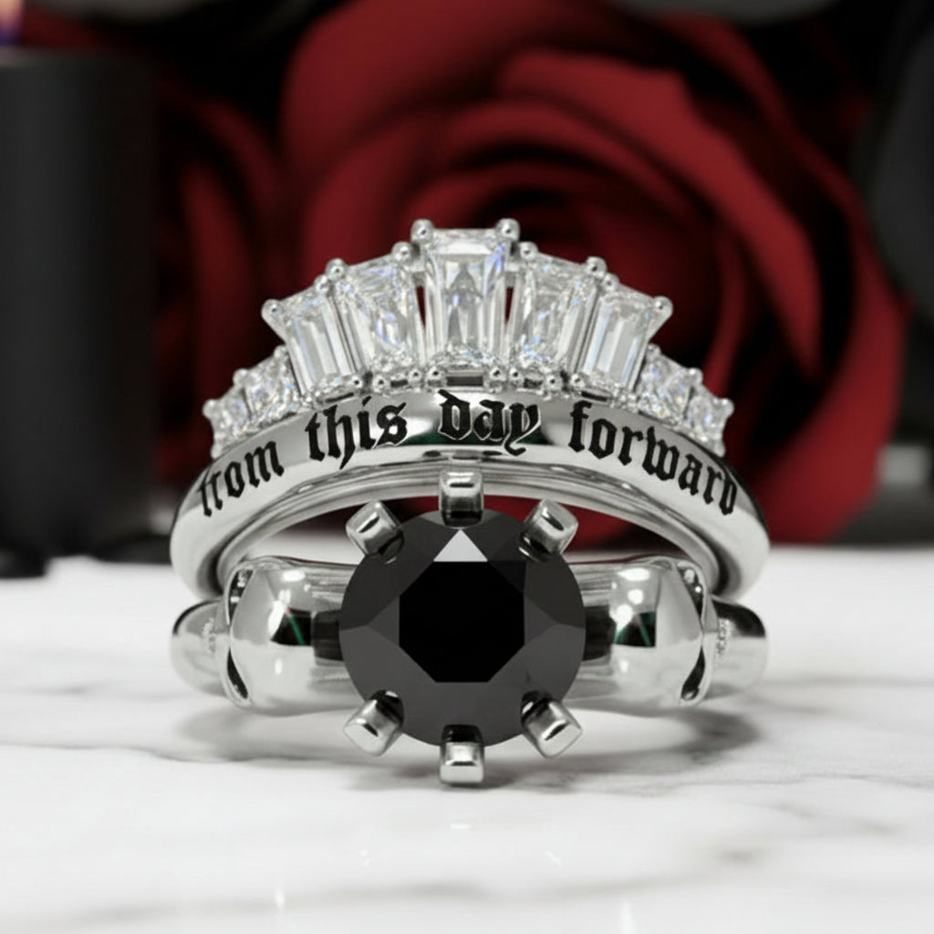 From This Day Forward Wedding Rings - Round Cut Diamond Option Skull Gothic Wedding Rings in 14k White Gold