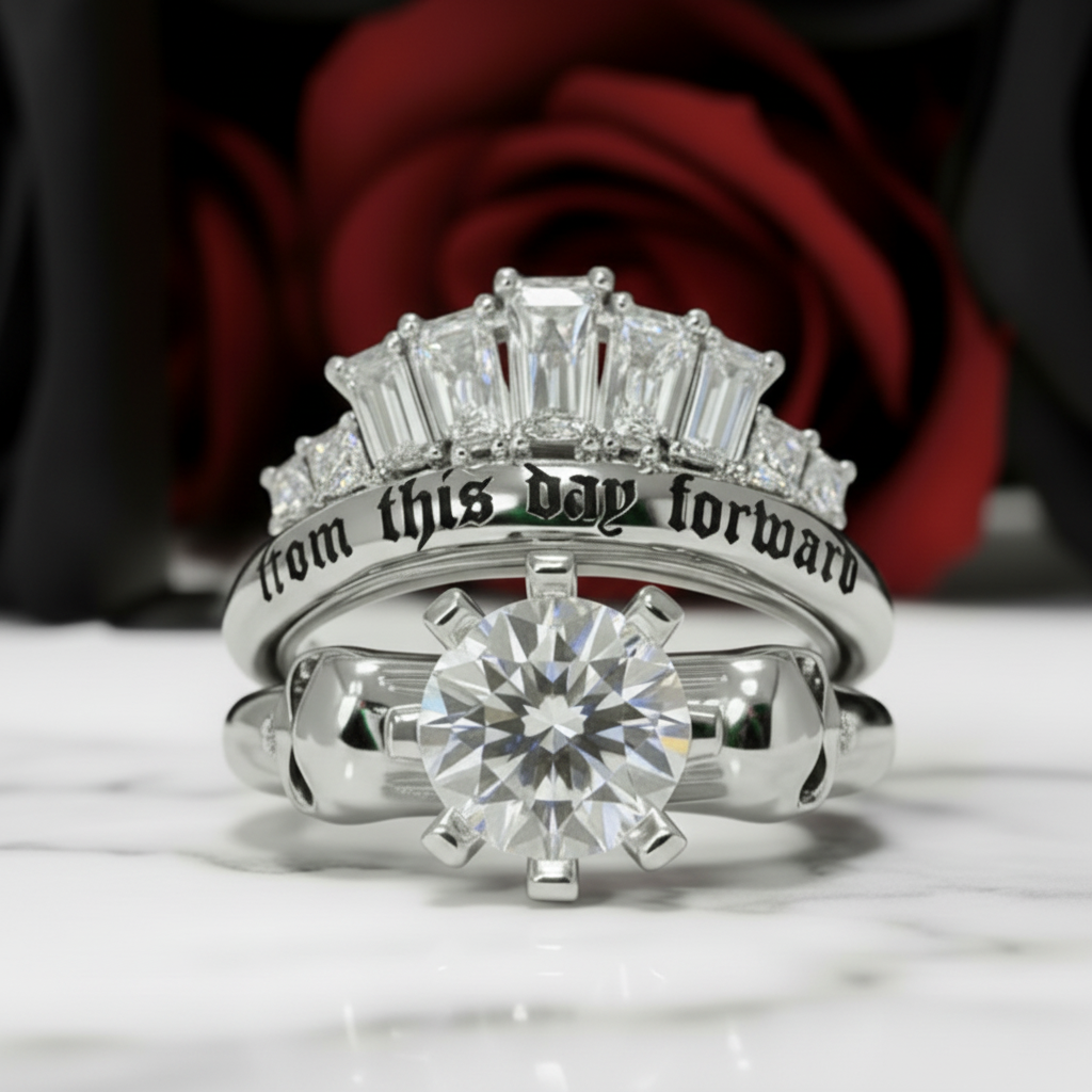From This Day Forward Wedding Rings - Round Cut Diamond Option Skull Gothic Wedding Rings in 14k White Gold