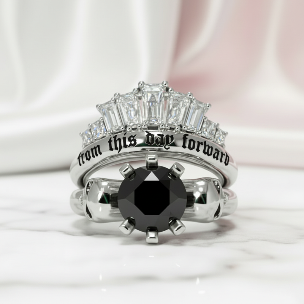 From This Day Forward Wedding Rings - Round Cut Diamond Option Skull Gothic Wedding Rings in 14k White Gold