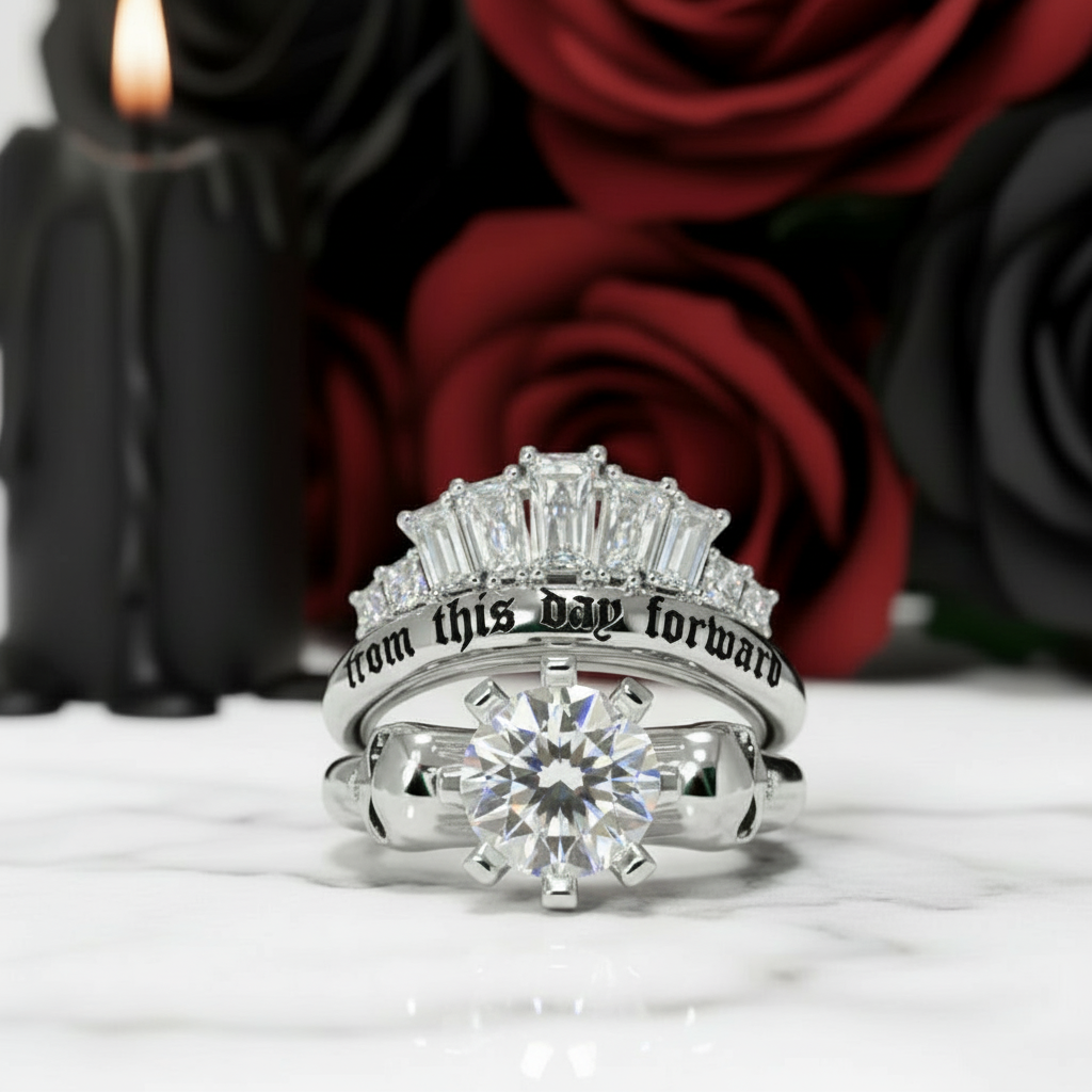 From This Day Forward Wedding Rings - Round Cut Diamond Option Skull Gothic Wedding Rings in 14k White Gold