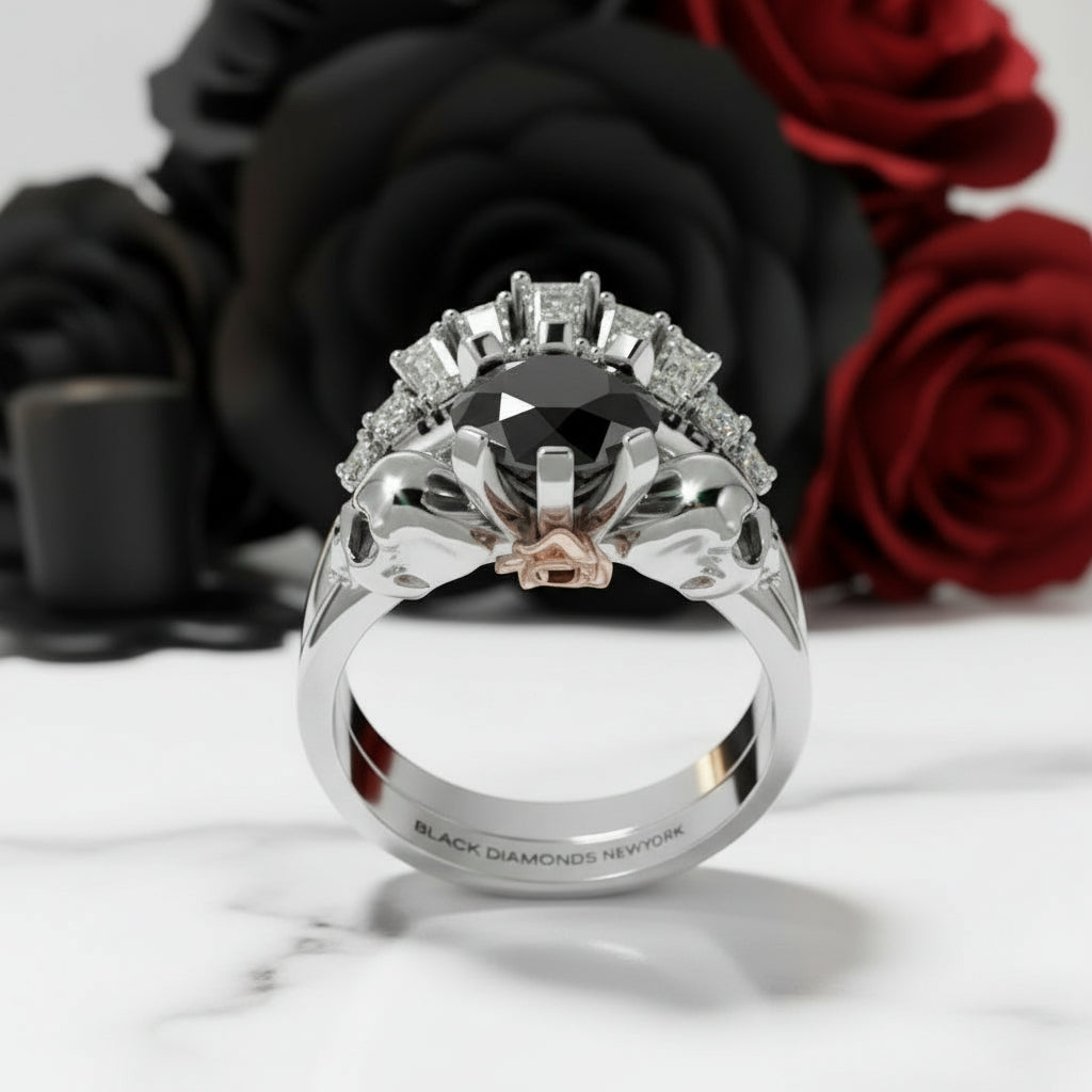 From This Day Forward Wedding Rings - Round Cut Diamond Option Skull Gothic Wedding Rings in 14k White Gold
