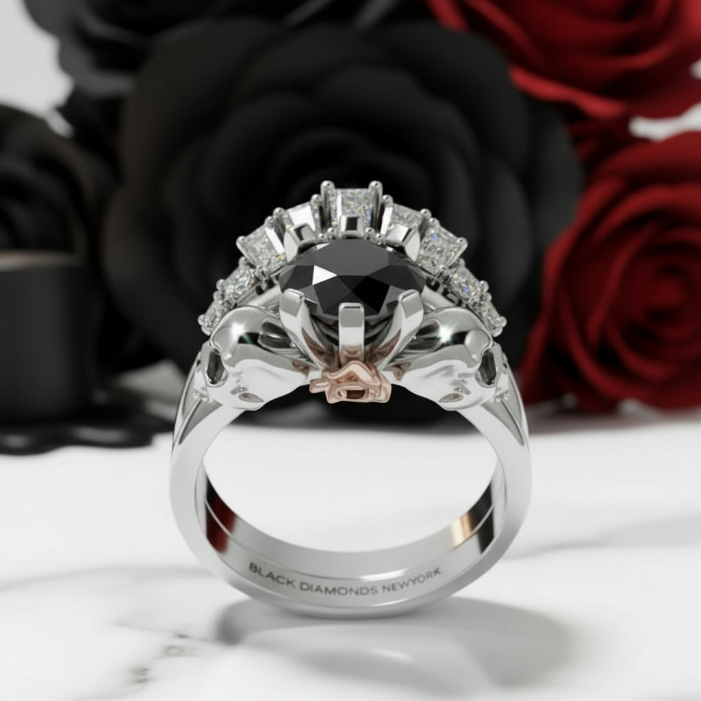 From This Day Forward Wedding Rings - Round Cut Diamond Option Skull Gothic Wedding Rings in 14k White Gold