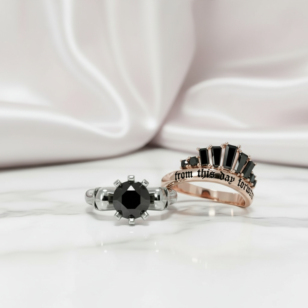 From This Day Forward Wedding Rings - Round Cut Diamond Option Skull Gothic Wedding Rings in 14k White Gold