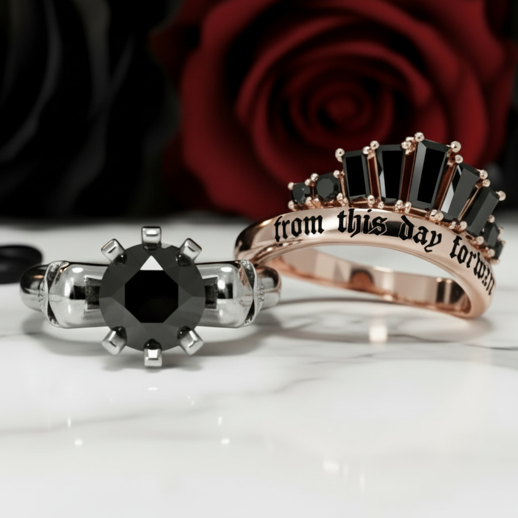 From This Day Forward Wedding Rings - Round Cut Diamond Option Skull Gothic Wedding Rings in 14k White Gold