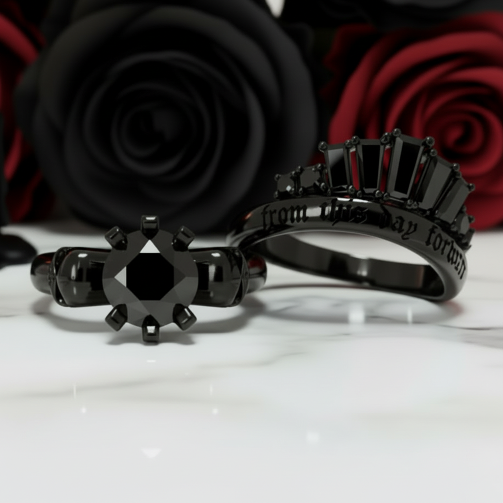 From This Day Forward Wedding Rings - Round Cut Diamond Option Skull Gothic Wedding Rings in 14k White Gold