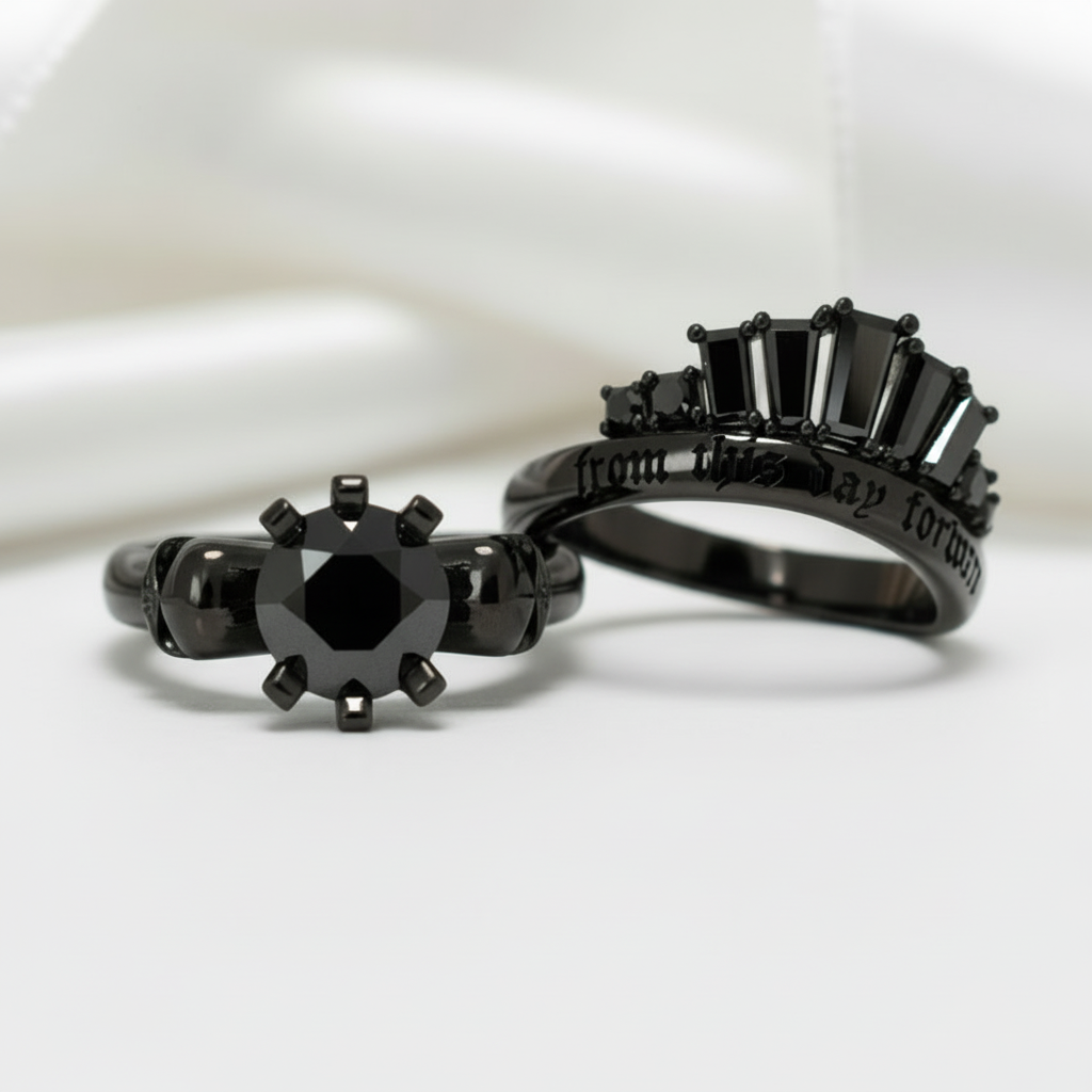 From This Day Forward Wedding Rings - Round Cut Diamond Option Skull Gothic Wedding Rings in 14k White Gold