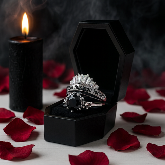 From This Day Forward Wedding Rings - Round Cut Diamond Option Skull Gothic Wedding Rings in 14k White Gold