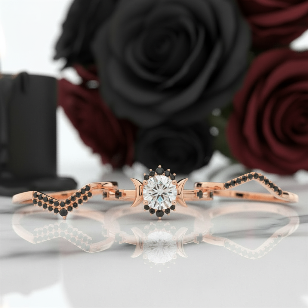 Full Moon- Radiant Celestial Moon Round Created Diamond Option Gothic Engagement Ring